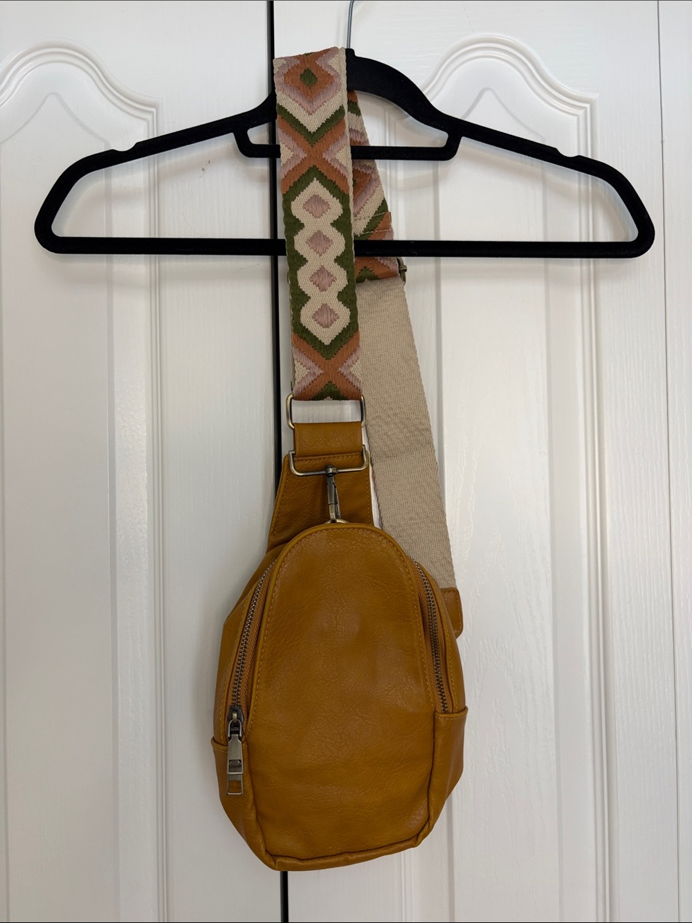 Modern + Chic Boho Crossbody Bag Embroidered Strap Tan Faux Leather